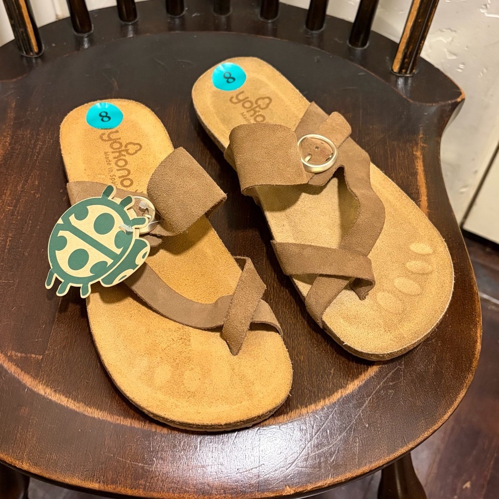 Yokono Womens Beige Leather Sock Cork Footbed Slide Comfort Buckle Sandal 8
